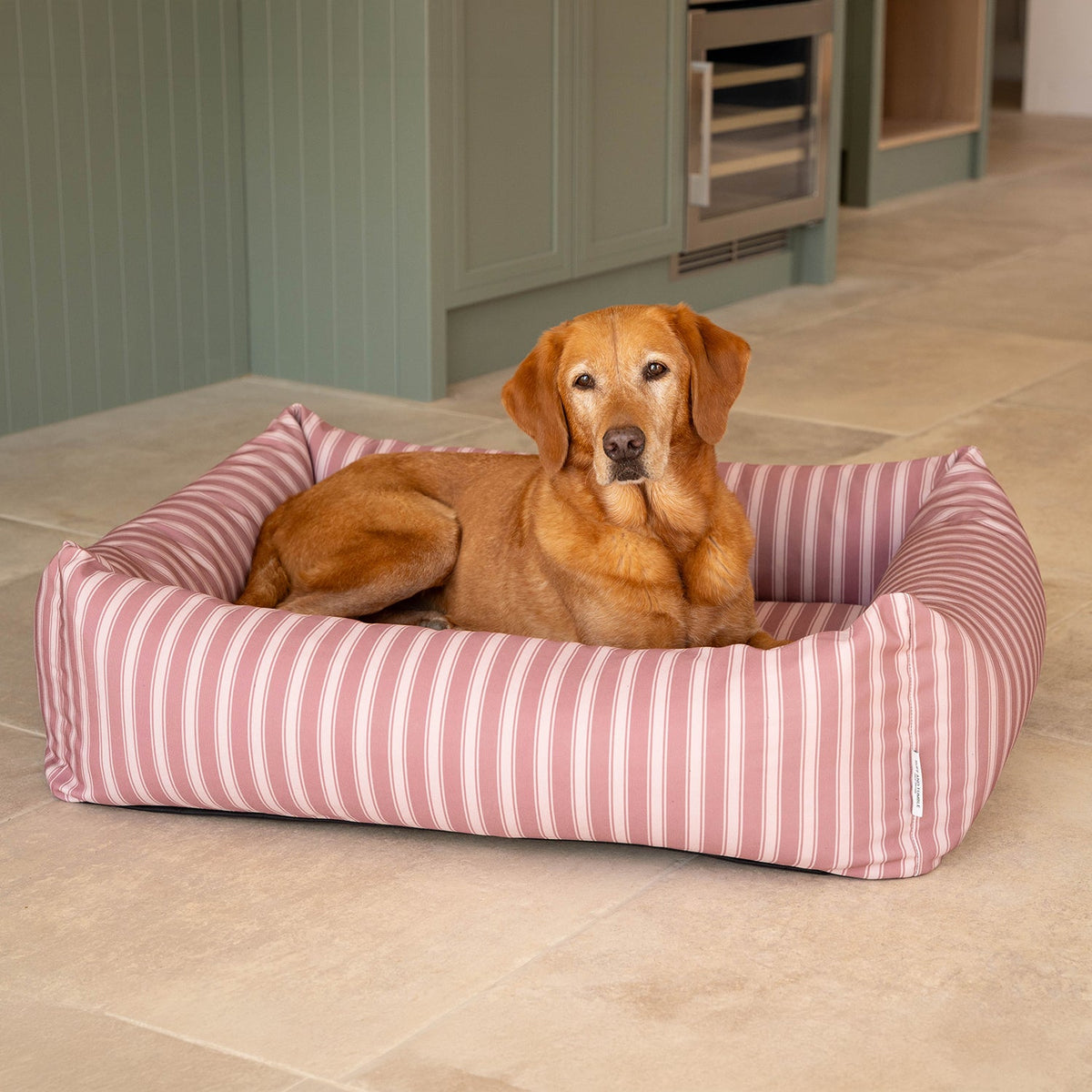 Burnham Bolster Striped Dog Bed - Dusky Rose & Ivory - Ruff and Tumble