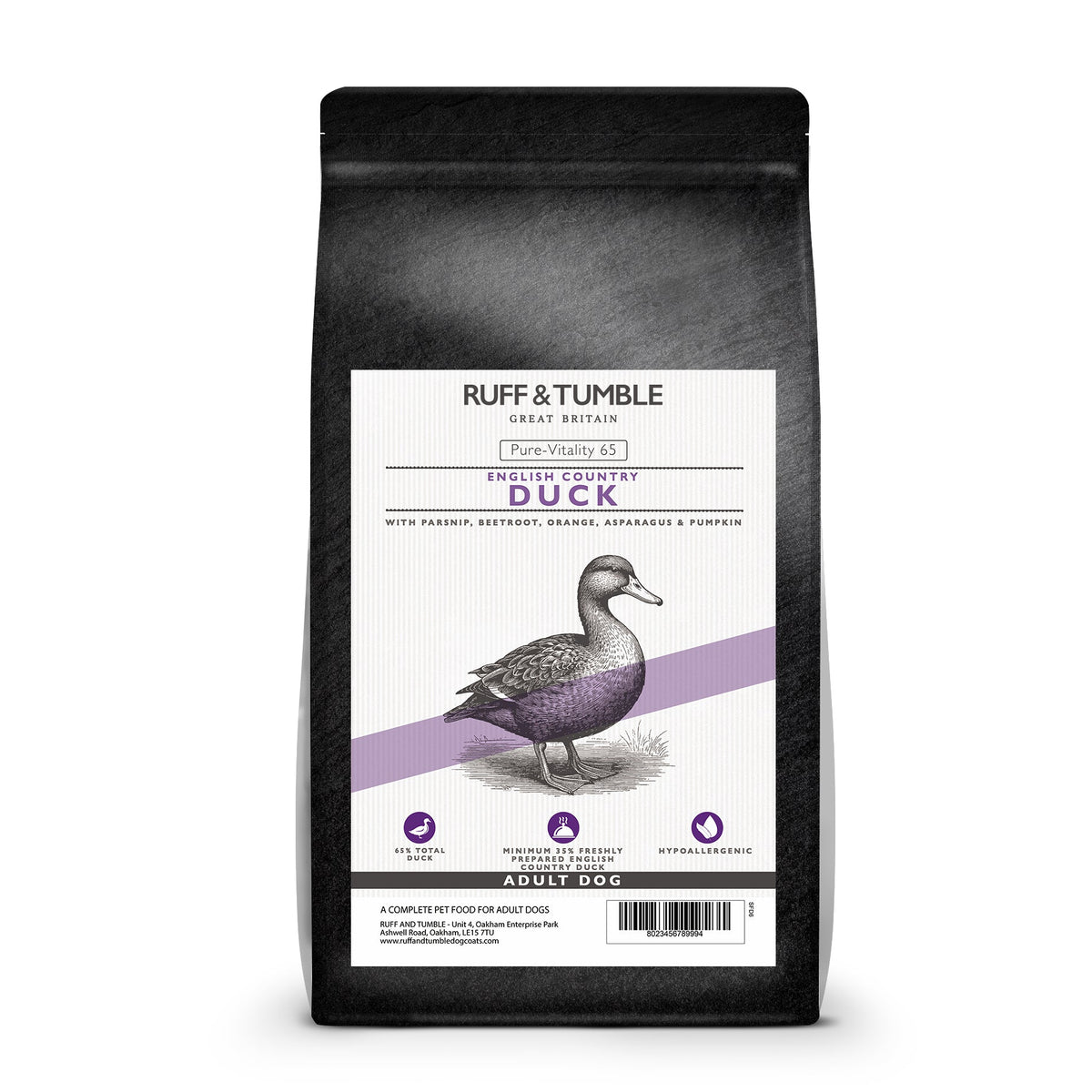 Pure-Vitality 65 Dog Food - English Duck & Superfoods - Adult - Ruff and Tumble
